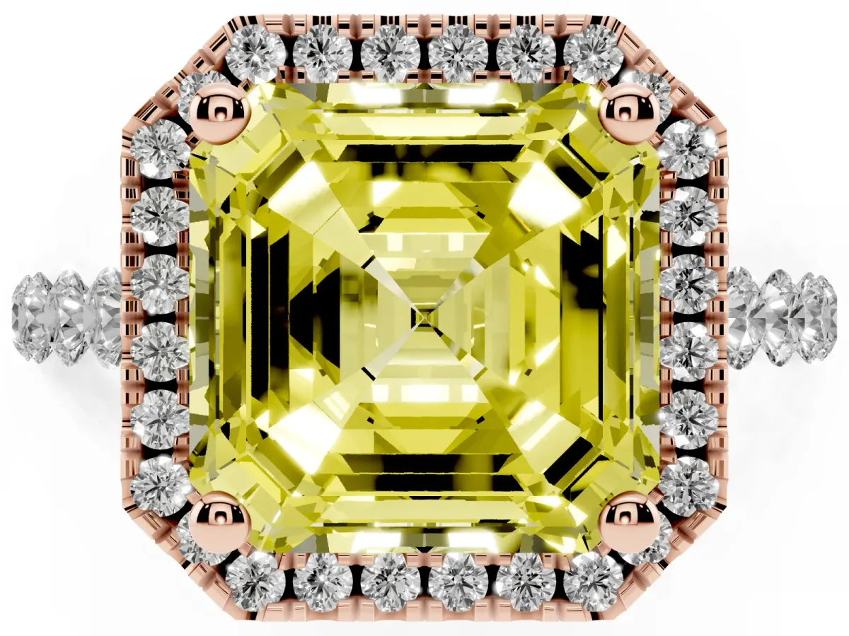 Fancy Yellow Asscher Cut Halo Pavé Diamond Engagement Ring with Four-Prong Setting Rose gold