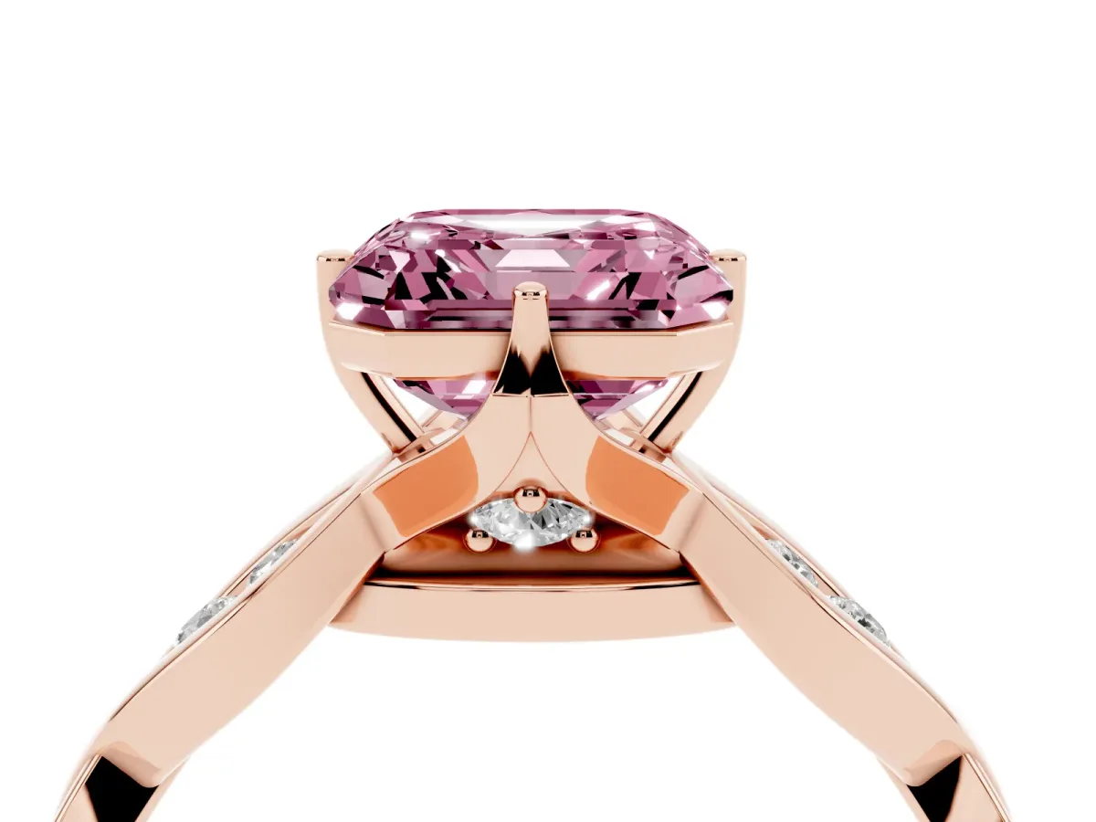 Fancy Pink Asscher Cut Solitaire Twist Band with Leaf Prong Setting Rose gold