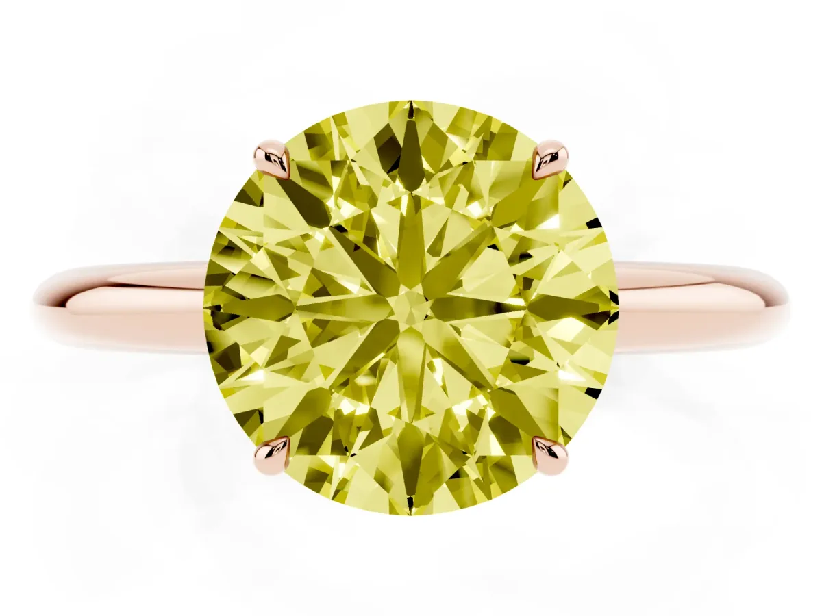 Fancy Yellow Round Cut Brilliant Solitaire Engagement Ring with Six-Prong Setting and Classic Band Rose gold