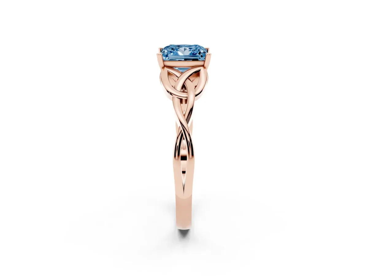 Fancy Blue Princess Cut Diamond Solitaire Engagement Ring with Celtic Knot Band and Four-Prong Setting Rose gold
