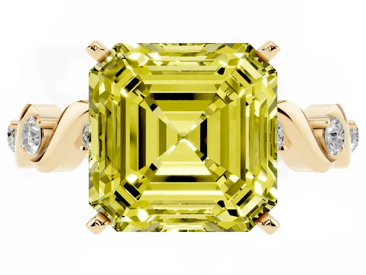 Fancy Yellow Asscher Cut Diamond Solitaire Twisted Band with Round Accents and Prong Setting Yellow gold