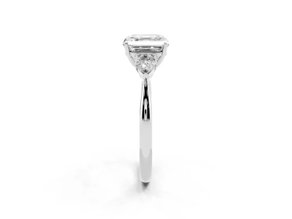 Three-Stone Asscher Cut Diamond Ring with Pear Side Stones in Four-Prong Setting Silver