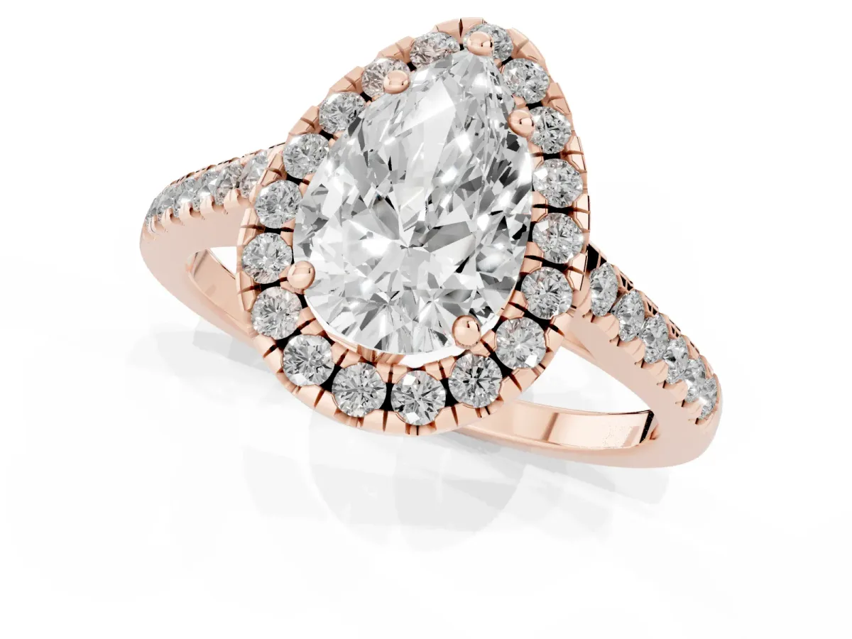 Pear Cut Halo Pavé Diamond Engagement Ring with Four-Prong Setting Rose gold
