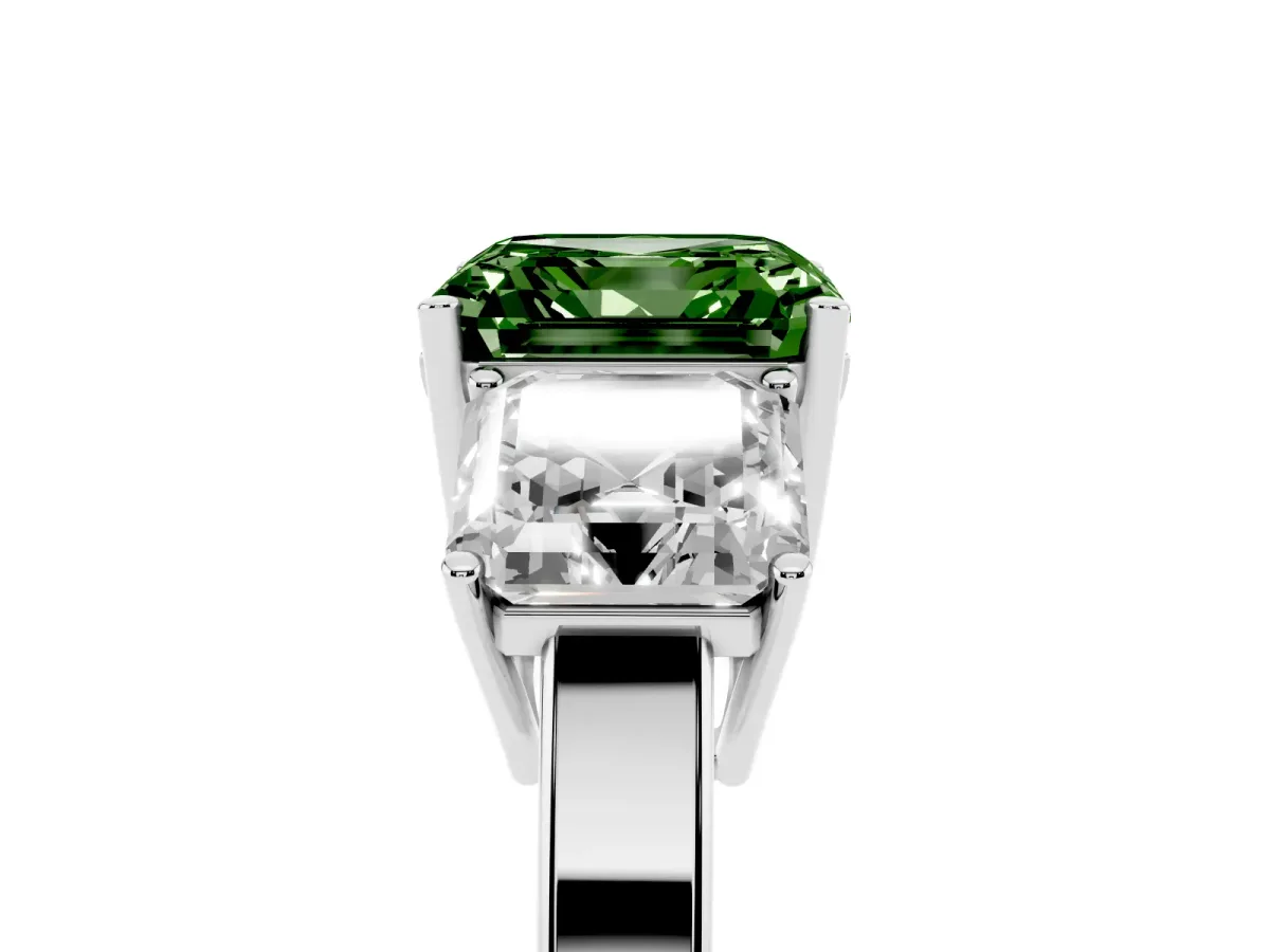Fancy Green Three-Stone Asscher Cut Cut Diamond Engagement Ring with Flat Band and Four-Prong Setting Silver