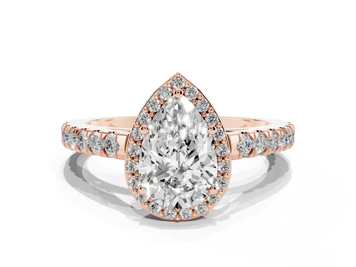Pear Cut Cut Halo Diamond Engagement Ring with Pave Band and Four-Prong Setting Rose gold