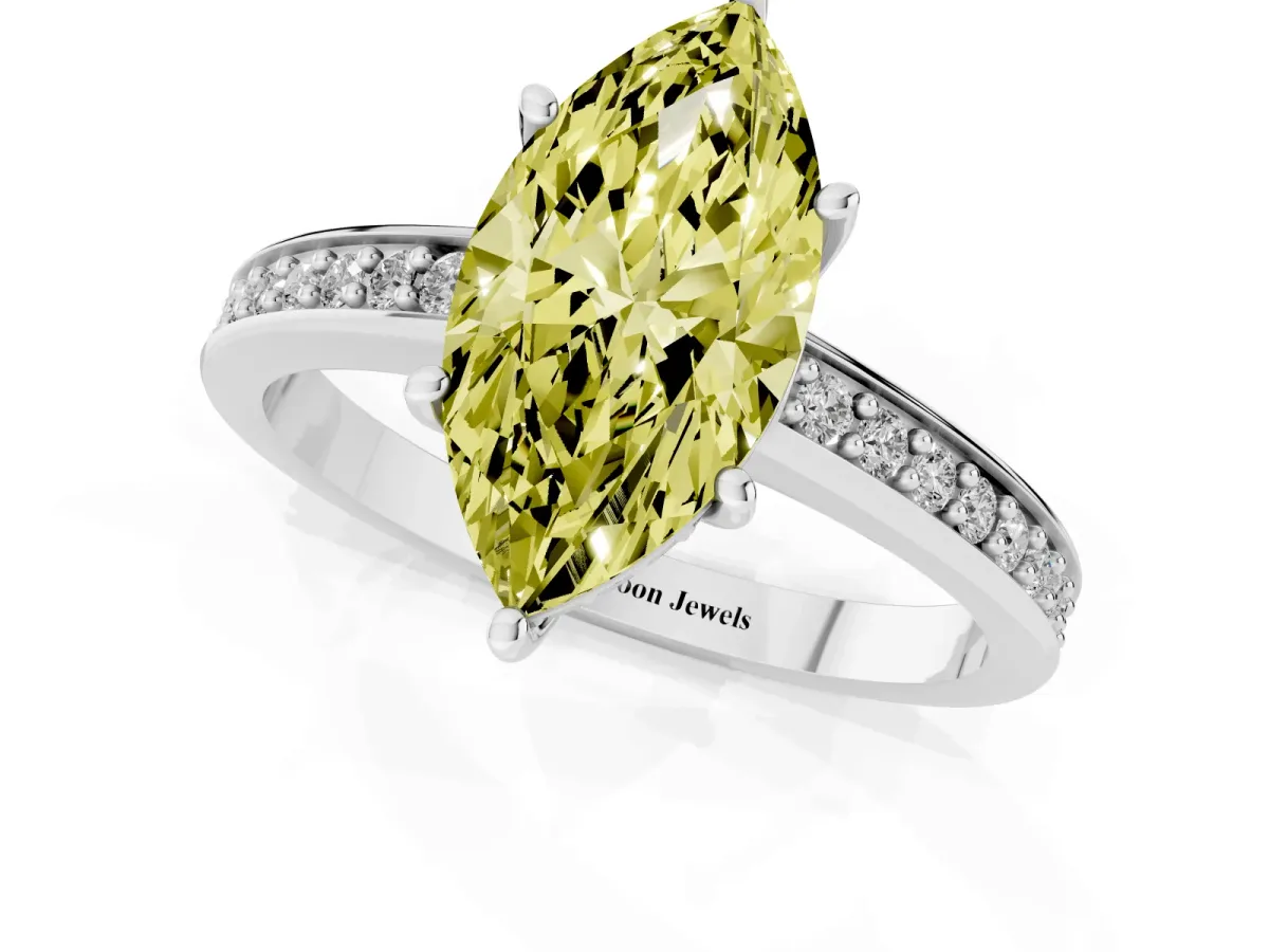 Fancy Yellow Marquise Cut Solitaire Pavé Band Prong Setting Ring Silver
