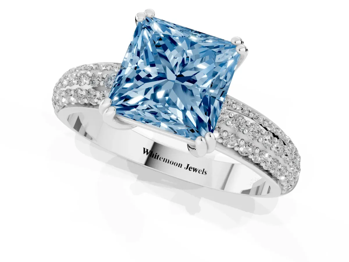 Fancy Blue Princess Cut Diamond Solitaire Ring with Multi-Row Round Pavé Band and Prong Setting Silver