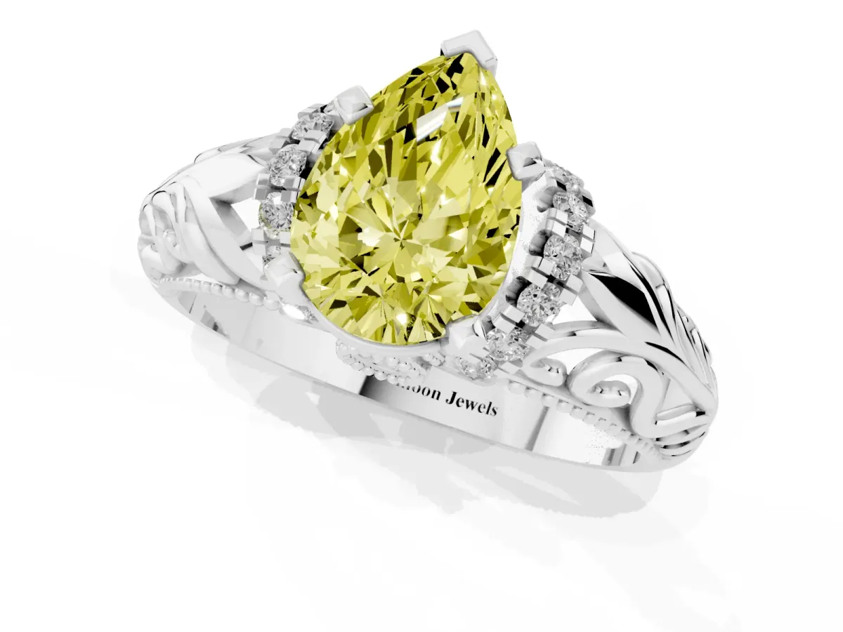 Fancy Yellow Pear Cut Solitaire Filigree Engagement Ring with Halo and Prong Setting Silver
