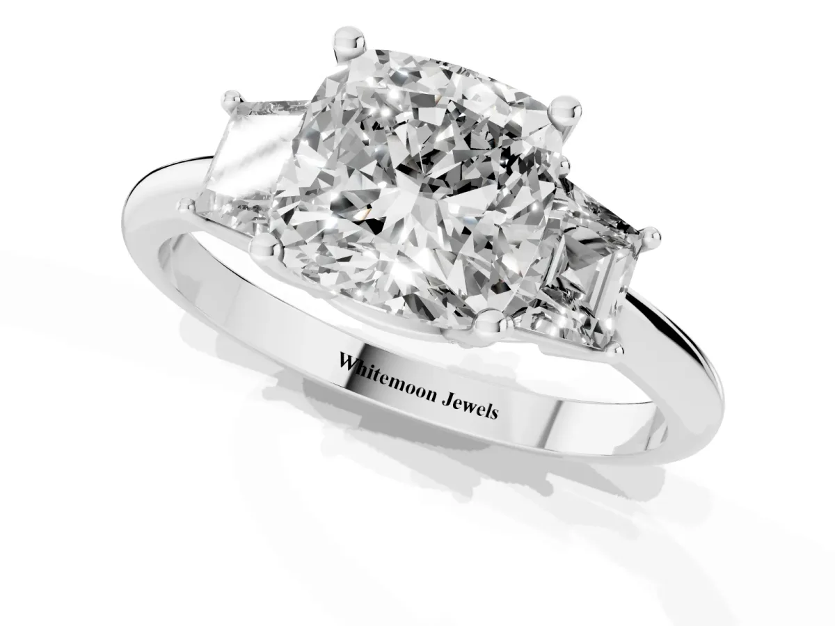 Cushion Cut Diamond Three-Stone Ring with Trapezoid Side Stones and Prong Setting Silver
