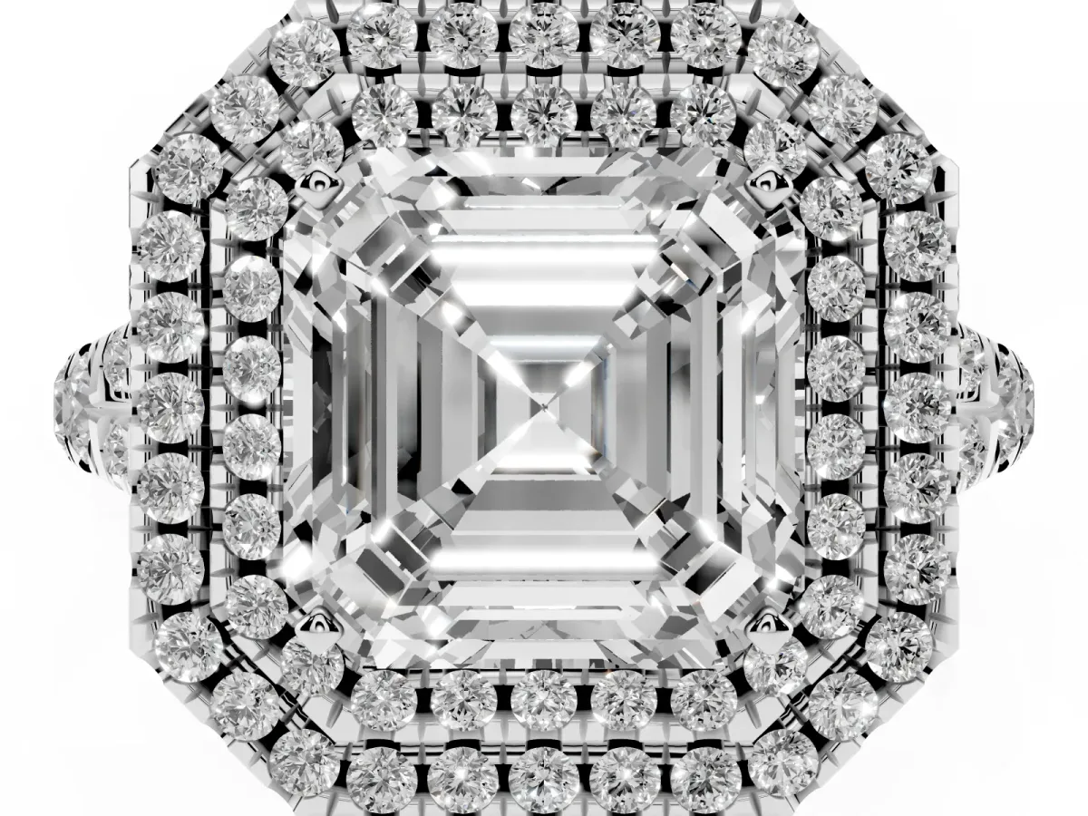 Asscher Cut Diamond Pavé Split Shank Double Halo Engagement Ring Silver