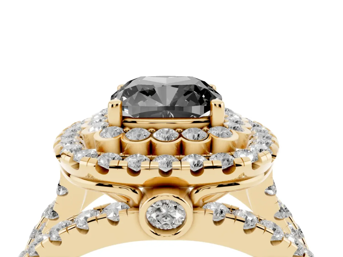 Fancy Black Cushion Cut Diamond Double Halo Ring with Round Pavé Split Shank and Prong Setting Yellow gold
