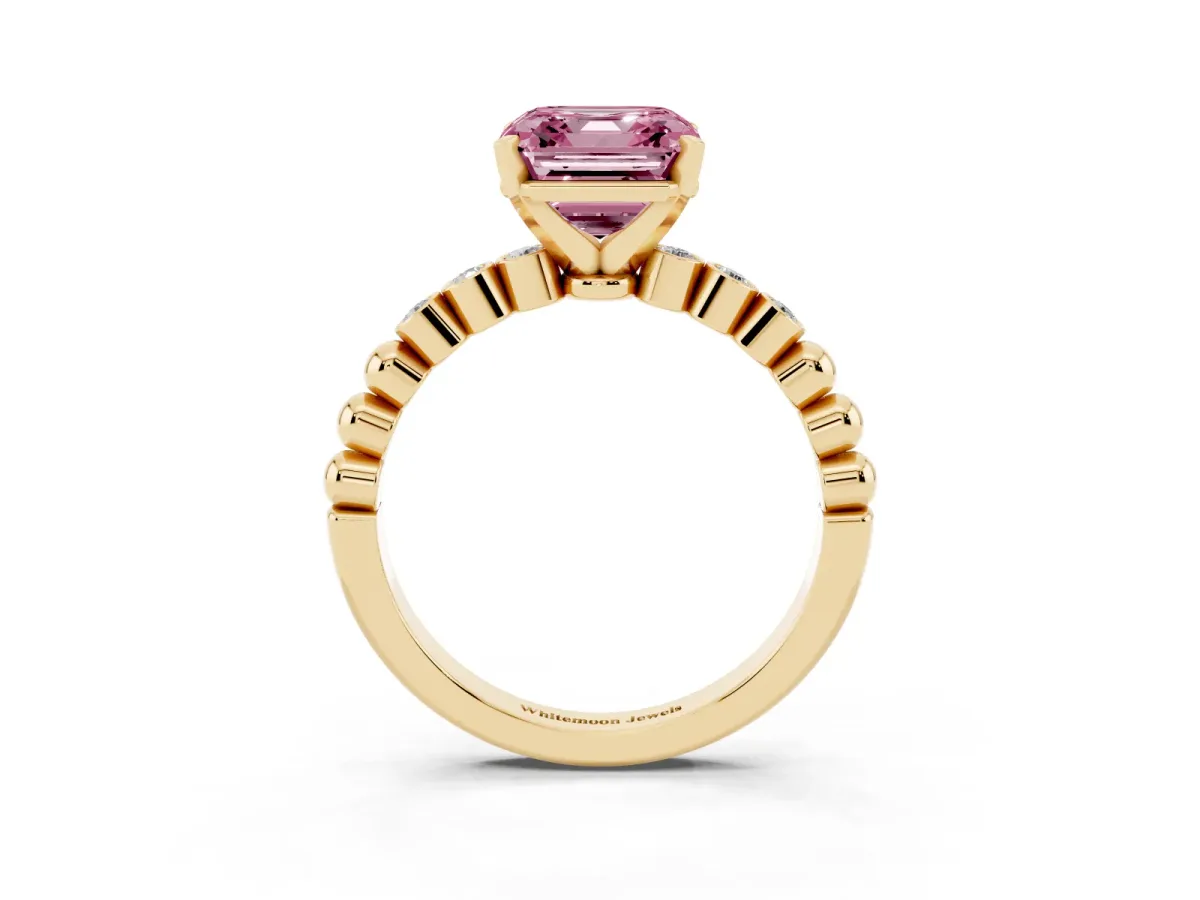 Fancy Pink Asscher Cut Solitaire Bezel Accent Diamond Engagement Ring with Beaded Band and Four-Prong Setting Yellow gold