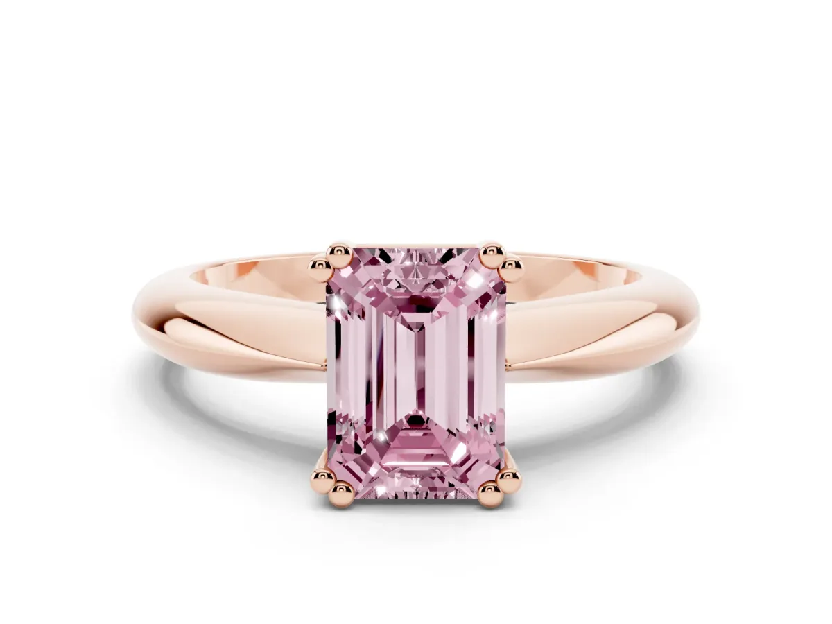 Fancy Pink Emerald Cut Cut Solitaire Engagement Ring with Tapered Band and Four-Prong Setting Rose gold