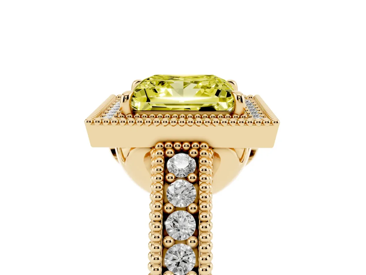 Fancy Yellow Princess Cut Cut Halo Diamond Ring with Pavé Band and Four-Prong Setting Yellow gold