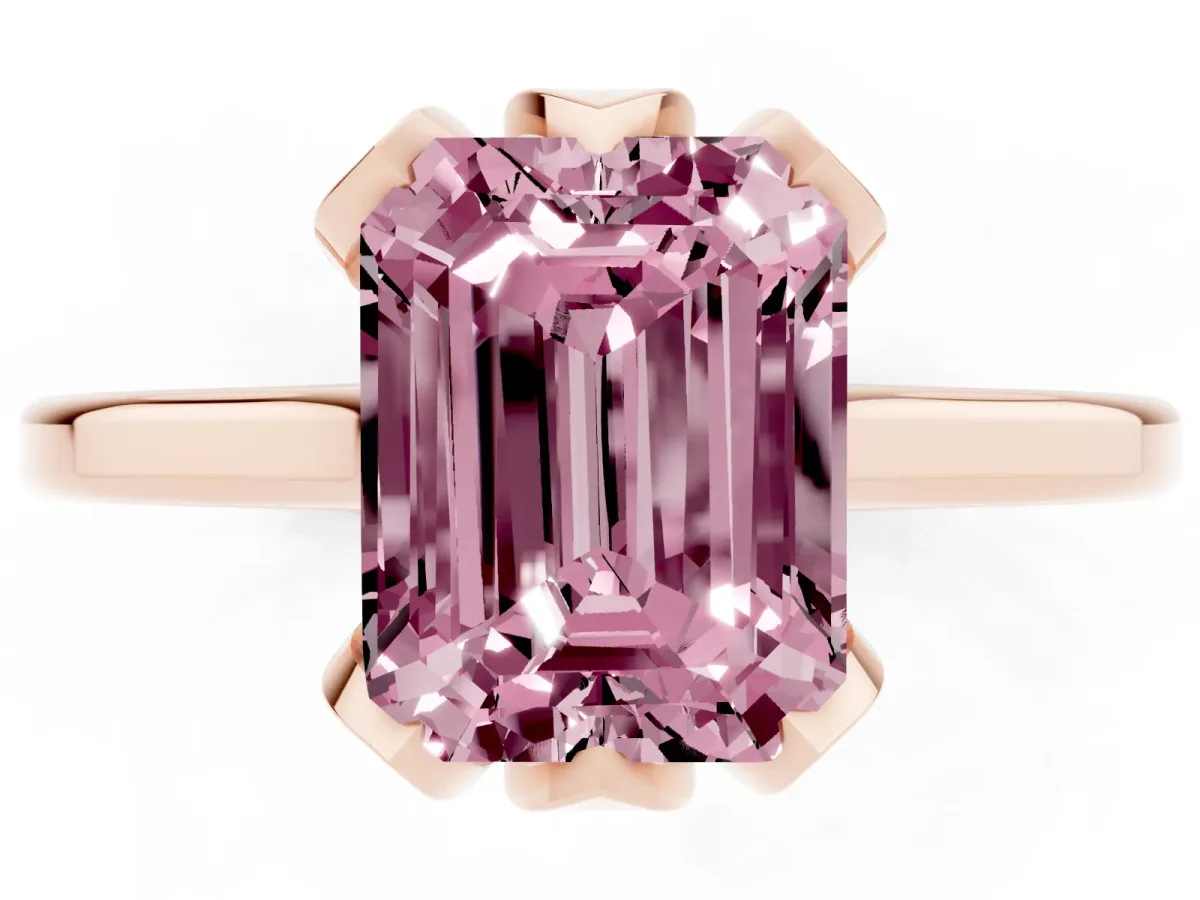 Fancy Pink Emerald Cut Diamond Solitaire Ring with Flower Prong Setting and Classic Band Rose gold