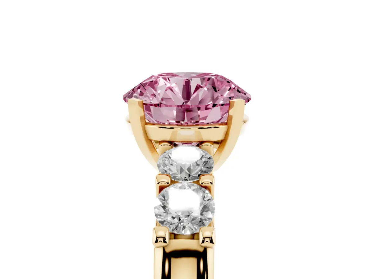 Fancy Pink Round Cut Brilliant Cut Diamond Five-Stone Prong Set Engagement Ring with Channel Band Yellow gold