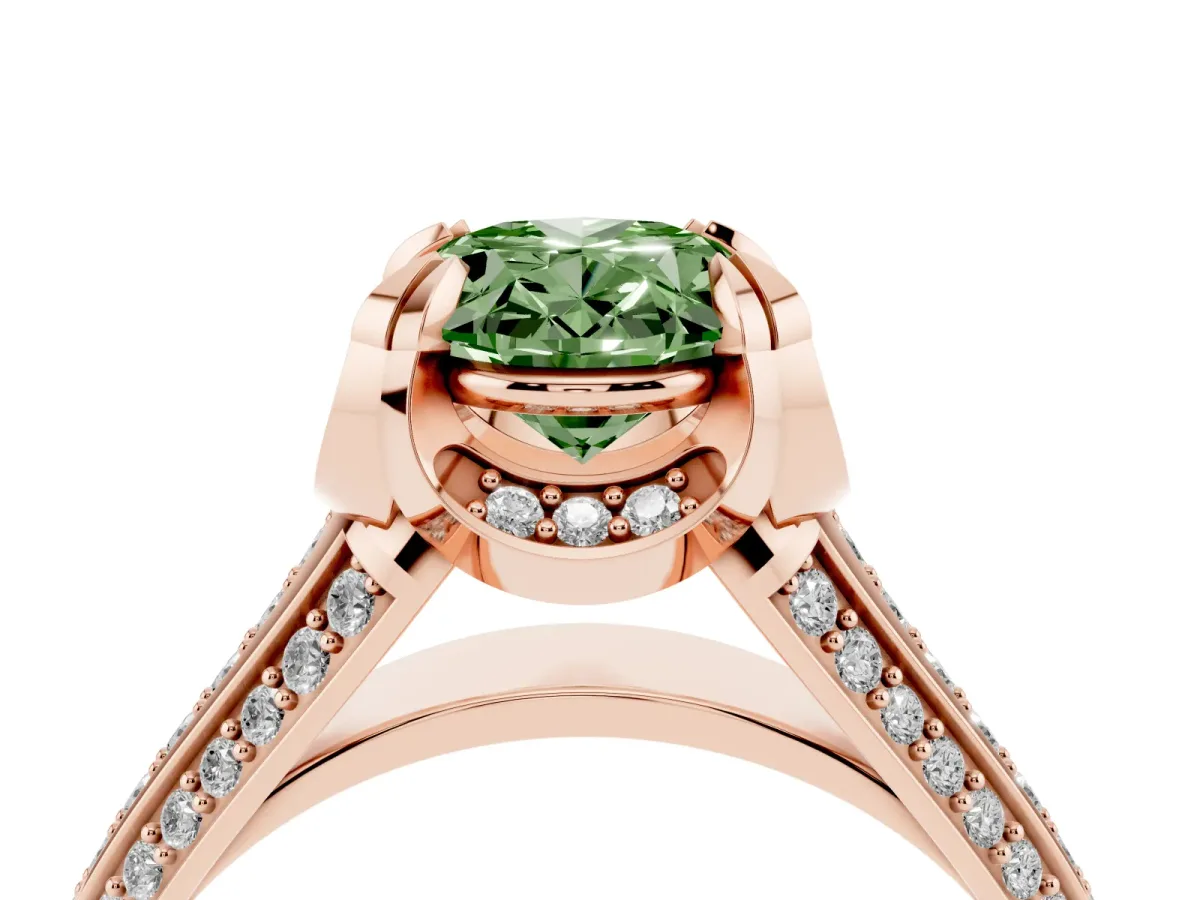 Fancy Green Oval Cut Solitaire Pave Split Shank Ring with Four-Prong Setting Rose gold