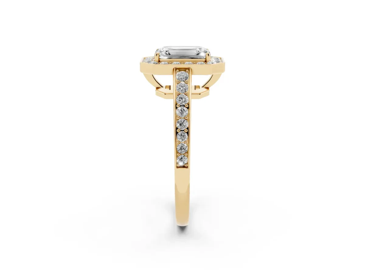 Emerald Cut Halo Pavé Diamond Engagement Ring with Bezel Setting Yellow gold