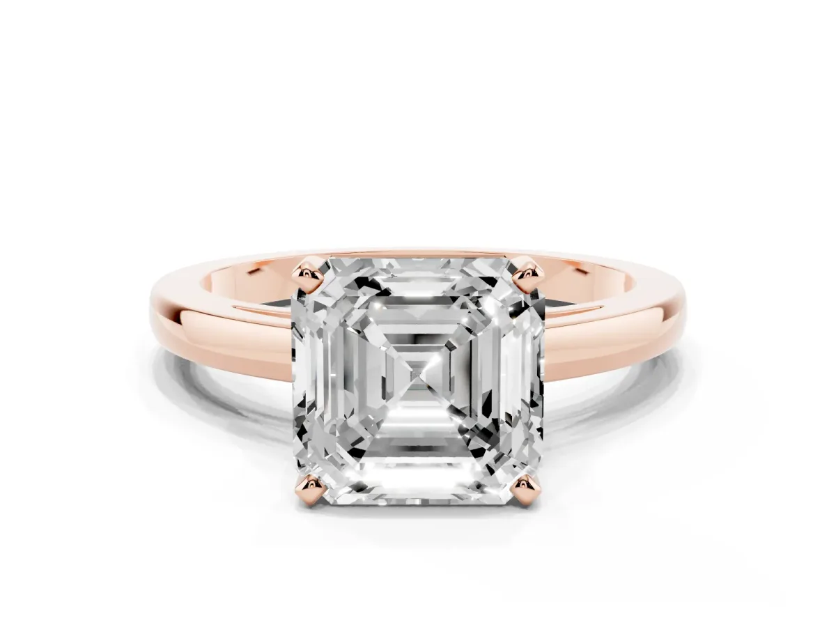 Asscher Cut Solitaire Diamond Engagement Ring with Four-Prong Setting on a Classic Band Rose gold
