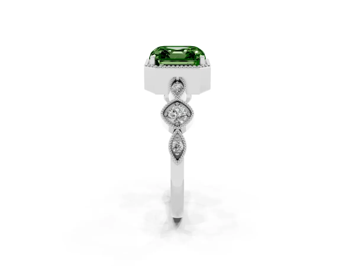 Fancy Green Asscher Cut Diamond Vintage Milgrain Ring with Round Stations Silver