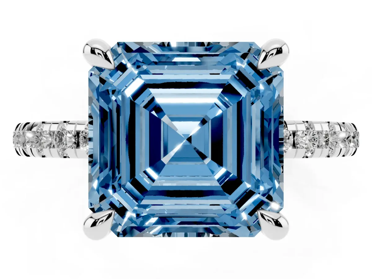 Fancy Blue Asscher Cut Diamond Brilliant Solitaire Ring with Pavé Band and Four-Prong Setting White gold