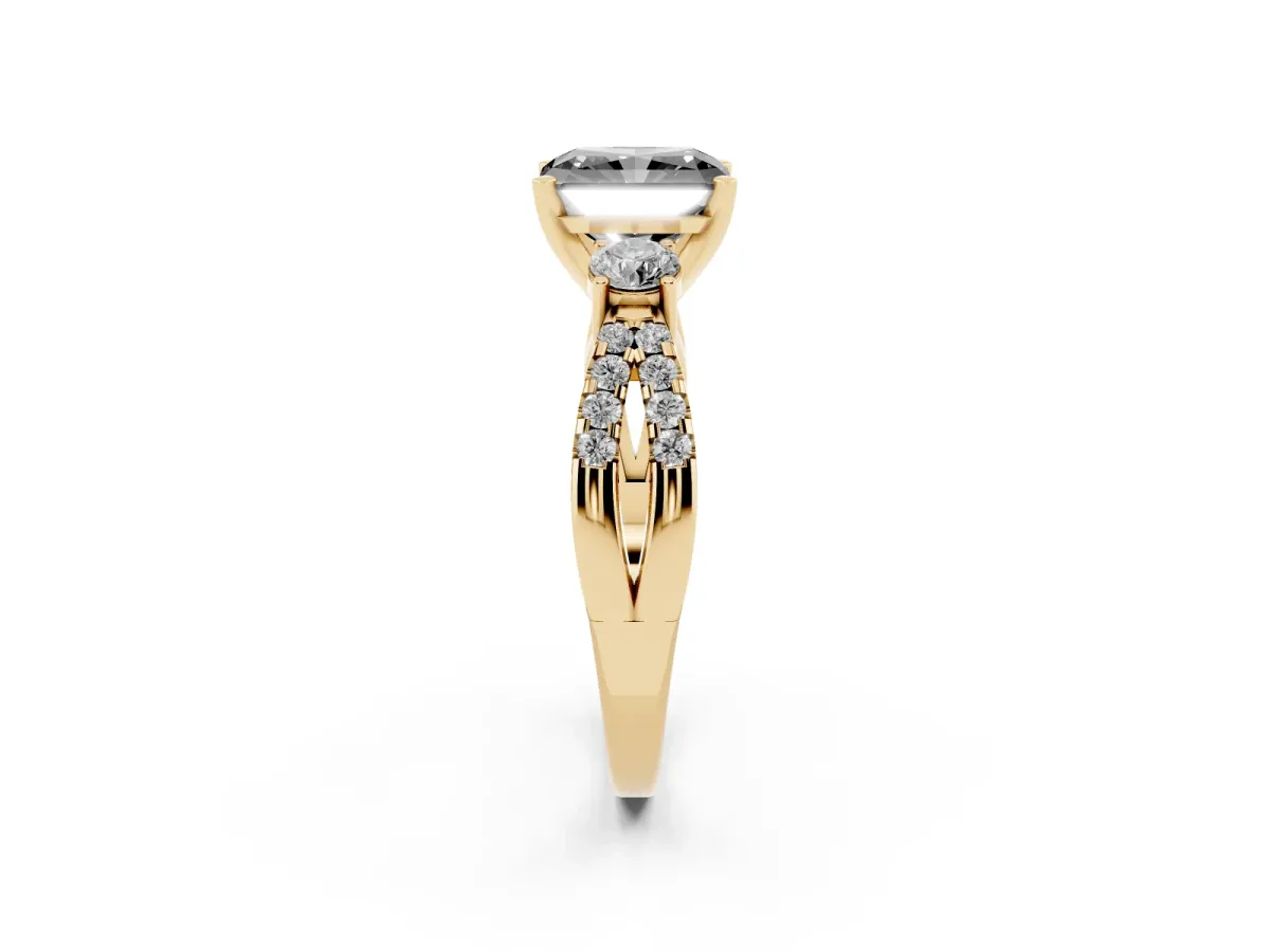 Fancy Black Radiant Cut Diamond Three-Stone Ring with Pavé Split Shank and Four-Prong Setting Yellow gold