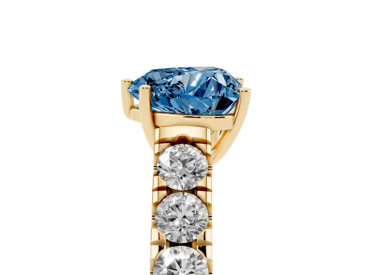 Fancy Blue Heart Cut Cut Diamond Solitaire Ring with Micro Pave Band and Prong Setting Yellow gold