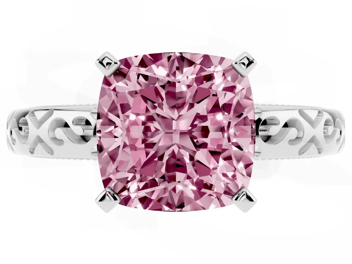 Fancy Pink Cushion Cut Solitaire Engagement Ring with Scrollwork Band and Four-Prong Setting Platinum