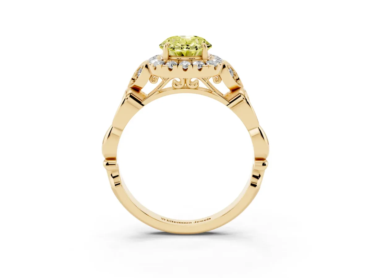 Fancy Yellow Oval Cut Halo Diamond Engagement Ring with Vintage-Inspired Band and Four-Prong Setting Yellow gold