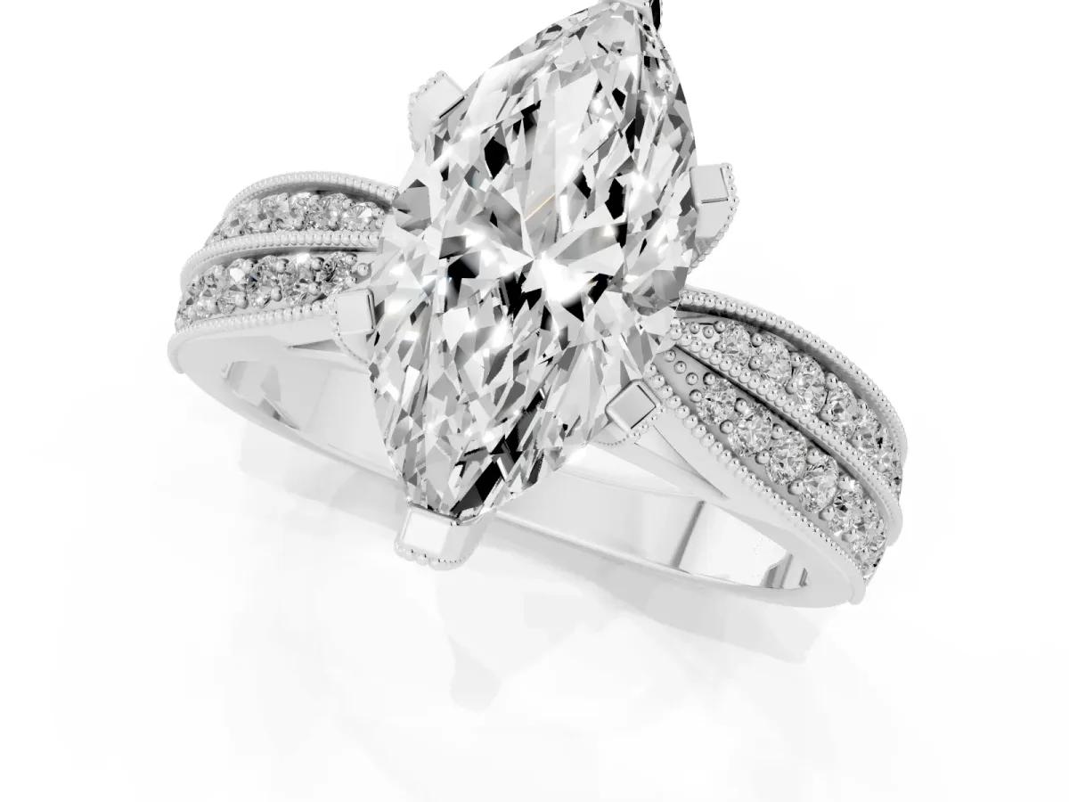 Marquise Cut Diamond Solitaire Ring with Milgrain Round Pavé Band and Prong Setting Silver