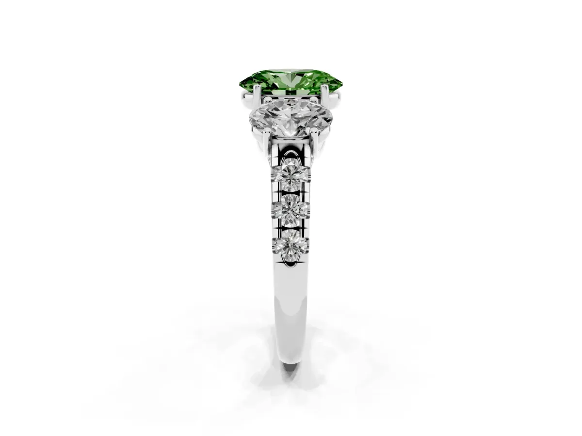 Fancy Green Three-Stone Oval Cut Diamond Pavé Band with Prong Setting Silver