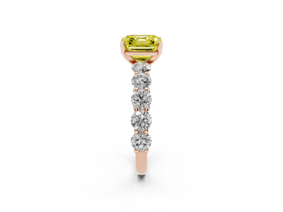 Fancy Yellow Asscher Cut Diamond Prong Setting with Side Stones on a Pave Band Rose gold