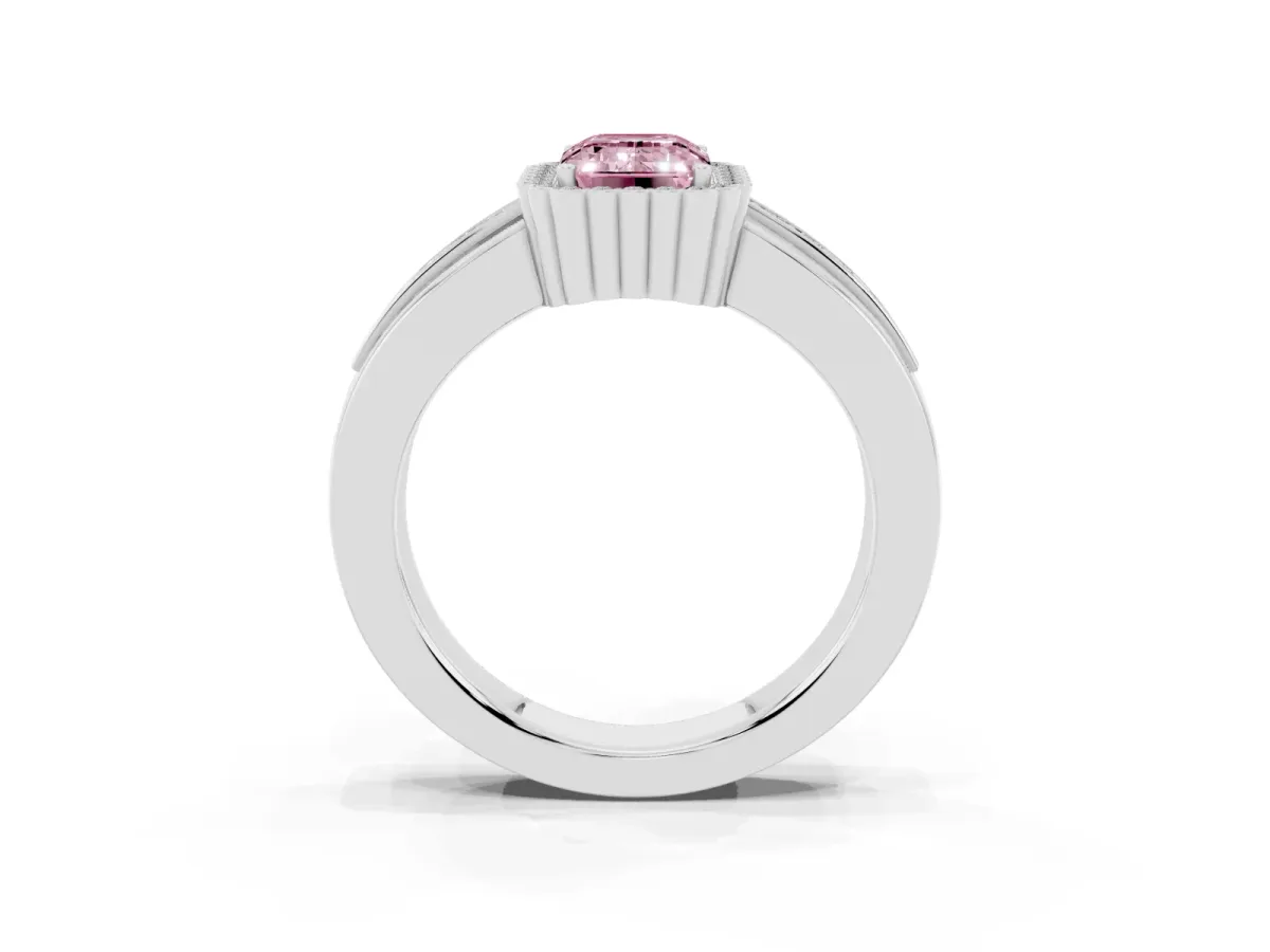 Fancy Pink Emerald Cut Cut Halo Pave Band Four-Prong Ring Silver