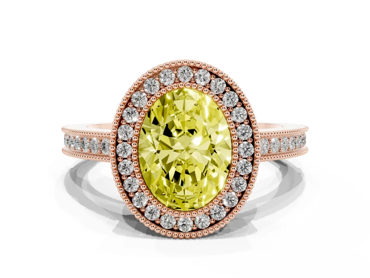 Fancy Yellow Oval Cut Cut Halo Diamond Ring with Pavé Band and Milgrain Prong Setting Rose gold