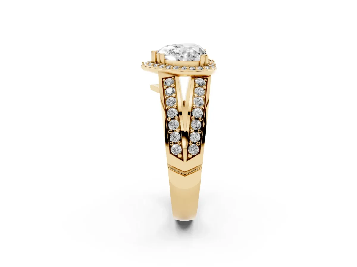 Heart Cut Diamond Halo Ring with Split Shank Pavé Band and Four-Prong Setting Yellow gold