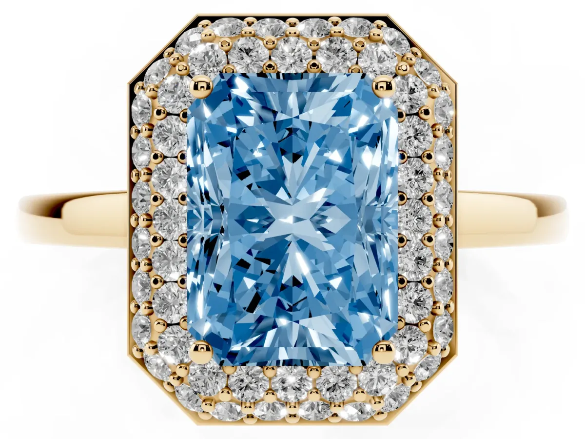 Fancy Blue Radiant Cut Halo Diamond Engagement Ring with Solitaire Band and Four-Prong Setting Yellow gold