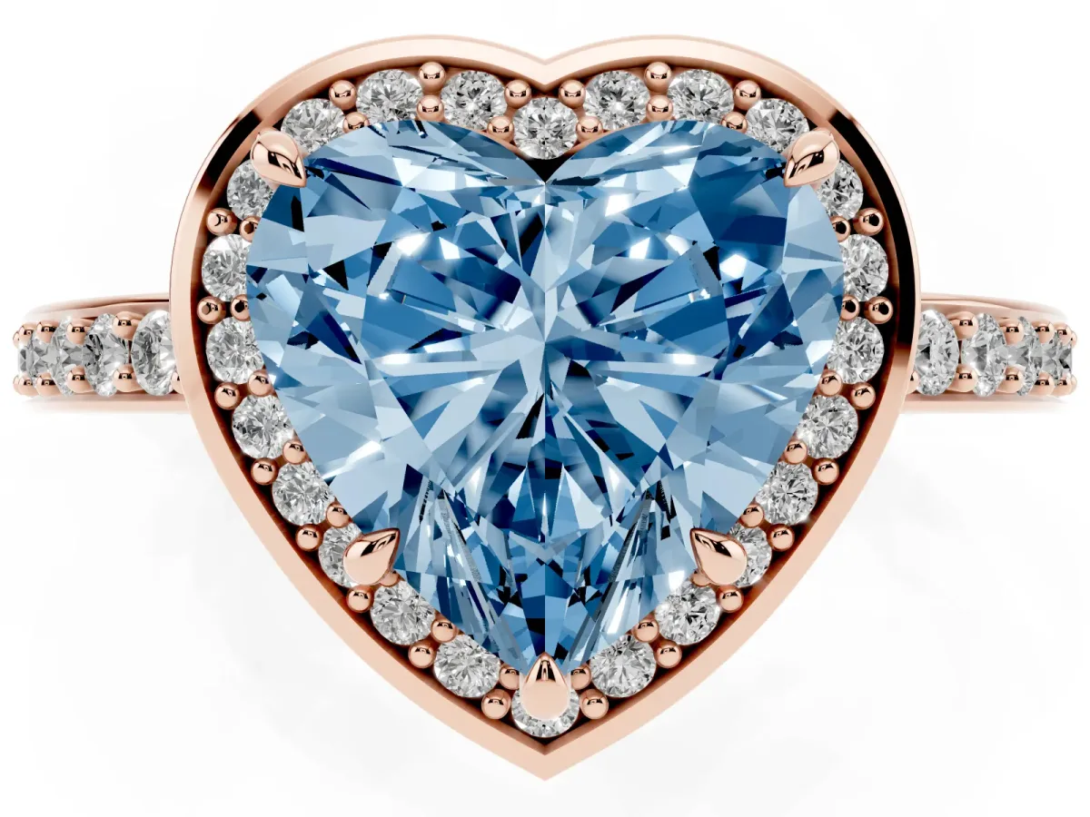 Fancy Blue Heart Cut Halo Pave Band Solitaire Ring with Prong Setting Rose gold