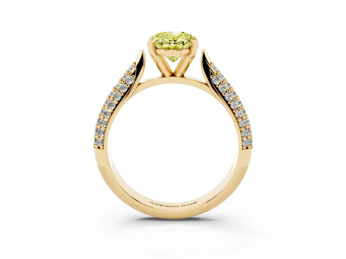 Fancy Yellow Oval Cut Diamond Solitaire Engagement Ring with Multi-Row Round Pavé Band and Prong Setting Yellow gold