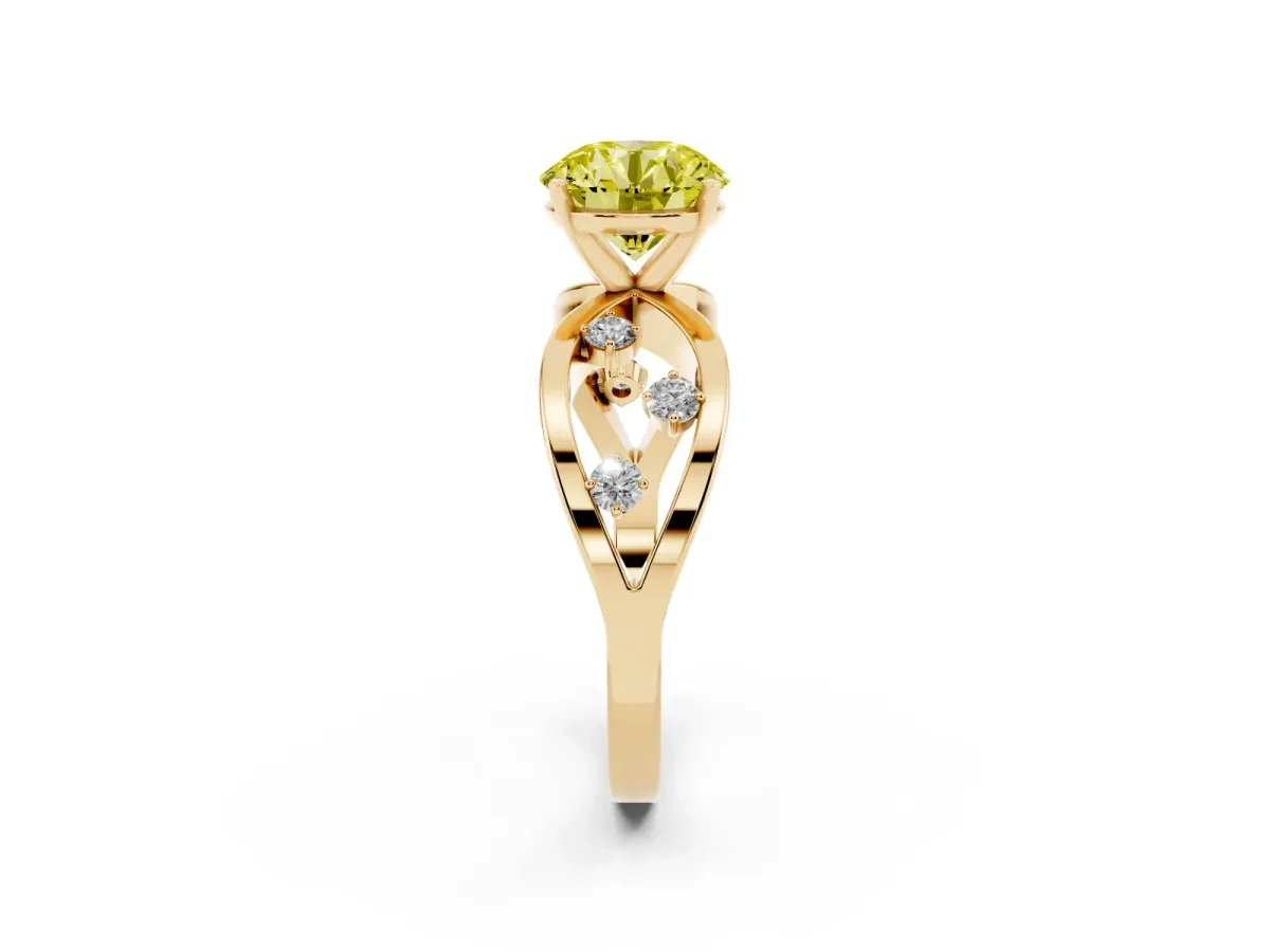 Fancy Yellow Round Cut Cut Solitaire Diamond with Side Stones on Criss-Cross Band and Four-Prong Setting Yellow gold