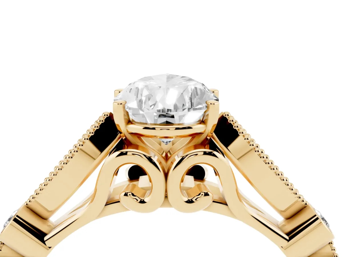Pear Cut Cut Diamond with Milgrain Marquise and Bezel Accents on a Solitaire Band with Prong Setting Yellow gold
