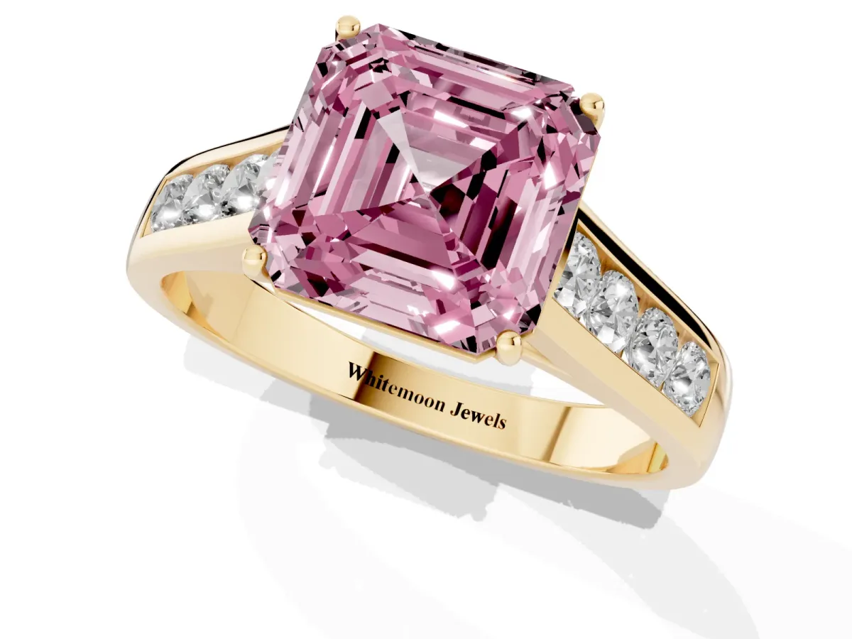 Fancy Pink Asscher Cut Solitaire Channel-Set Diamond Engagement Ring with Four-Prong Setting Yellow gold