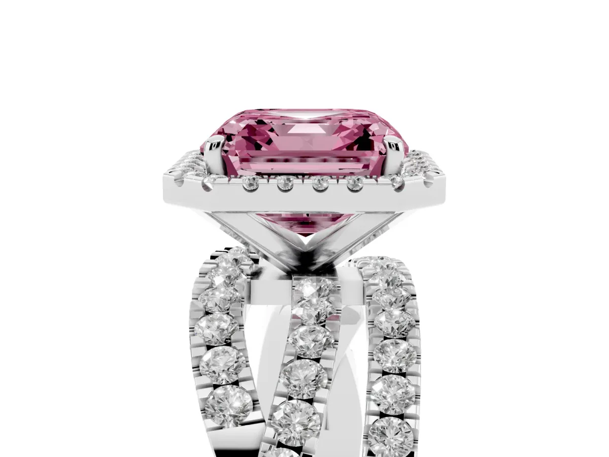 Fancy Pink Asscher Cut Diamond Halo Ring with Round Split Shank and Prong Setting Silver