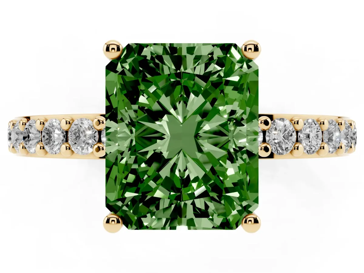 Fancy Green Radiant Cut Cut Diamond Solitaire with Pave Band and Four-Prong Setting Yellow gold