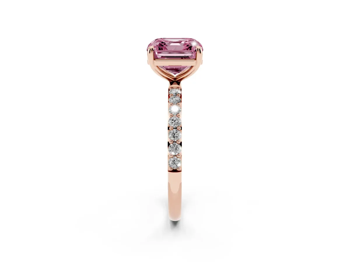 Fancy Pink Asscher Cut Diamond Solitaire Ring with Round Pavé Band and Prong Setting Rose gold