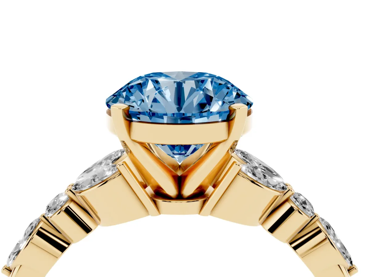 Fancy Blue Round Cut Diamond Solitaire Ring with Side Stones and Four-Prong Setting Yellow gold