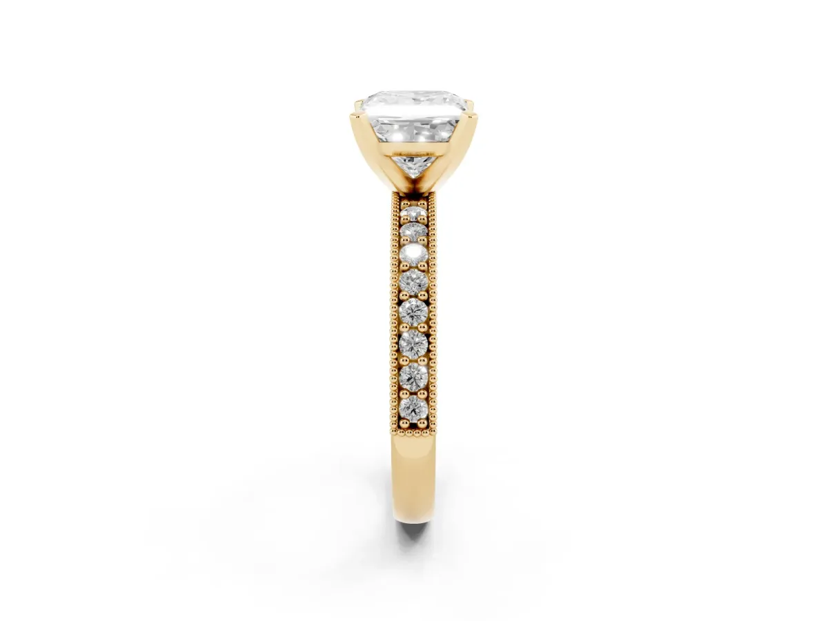 Princess Cut Diamond Milgrain Pavé Engagement Ring with Four-Prong Setting Yellow gold