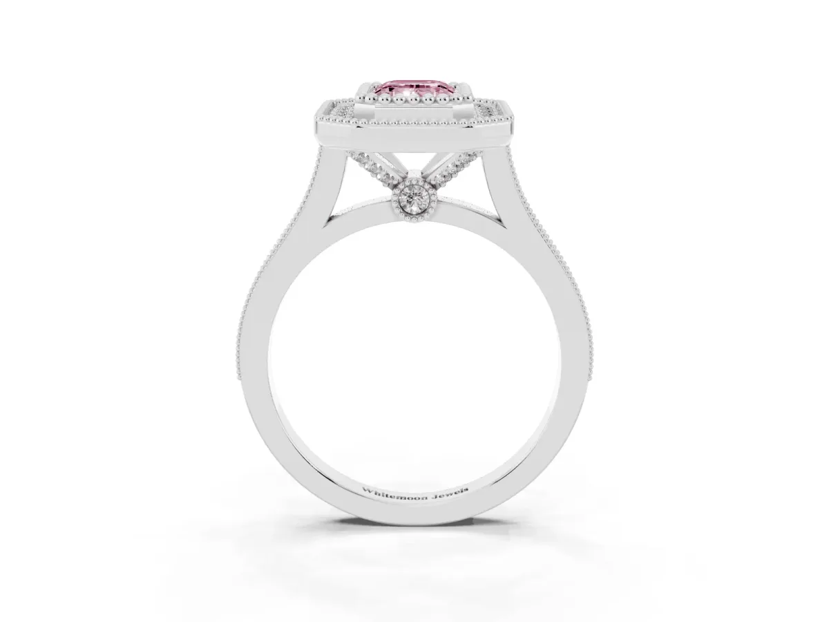 Fancy Pink Emerald Cut Diamond Halo Ring with Milgrain Frame and Pavé Band Silver