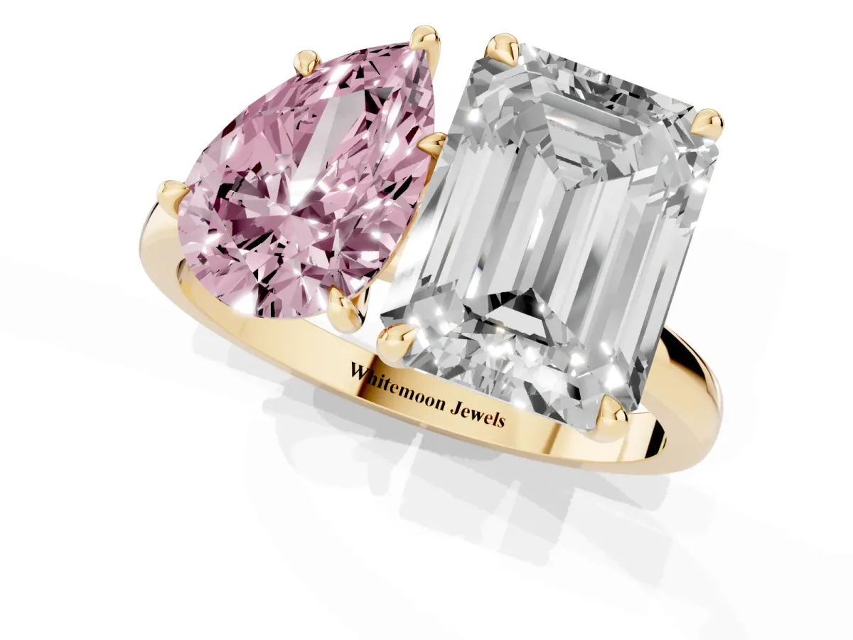 Fancy Pink Pear Cut and Emerald Cut Toi Moi Ring with Prong Setting Yellow gold