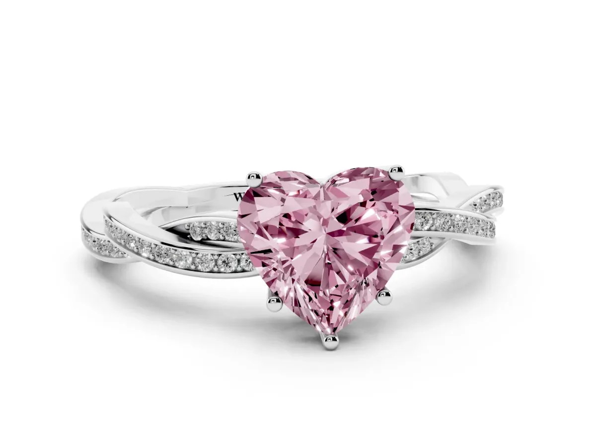 Fancy Pink Heart Cut Solitaire Twisted Pave Diamond Ring with Four-Prong Setting Silver