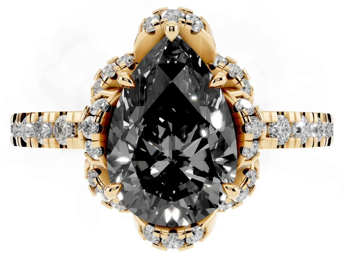 Fancy Black Pear Cut Diamond Halo Pave Band with Four-Prong Setting Yellow gold